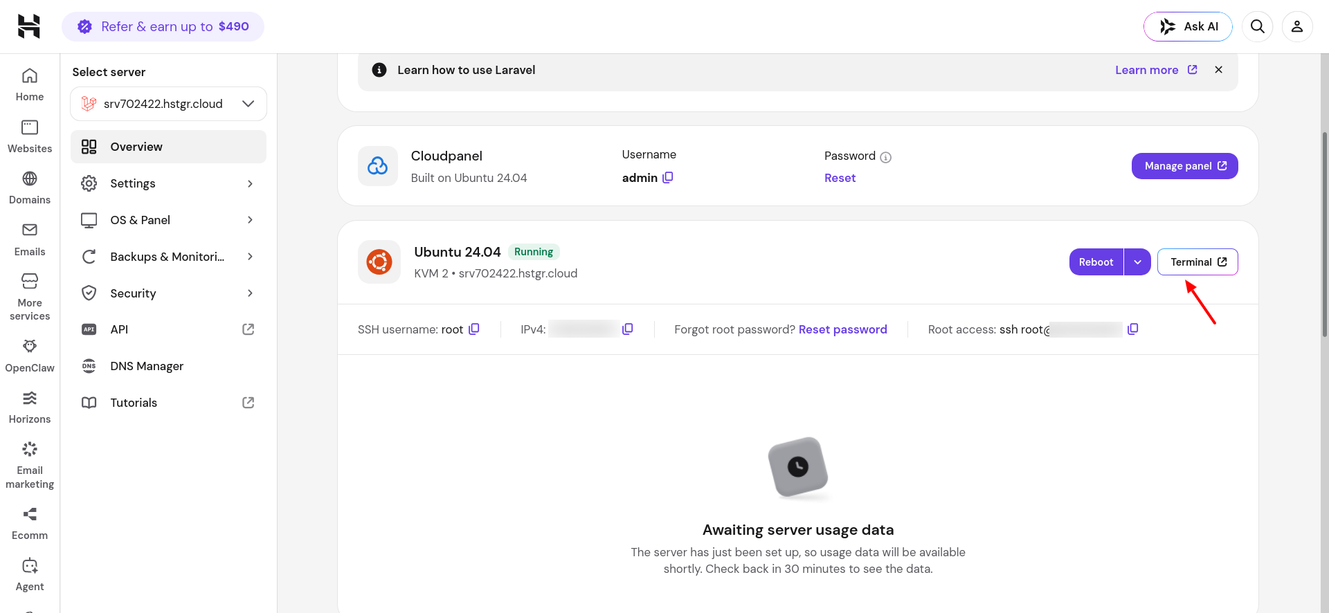 Hostinger browser terminal button for Laravel VPS
