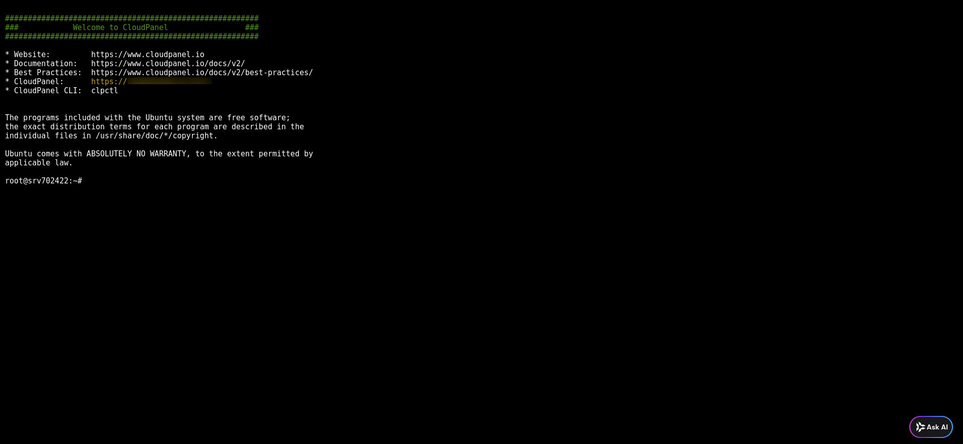 Hostinger Laravel VPS browser terminal with CloudPanel welcome banner