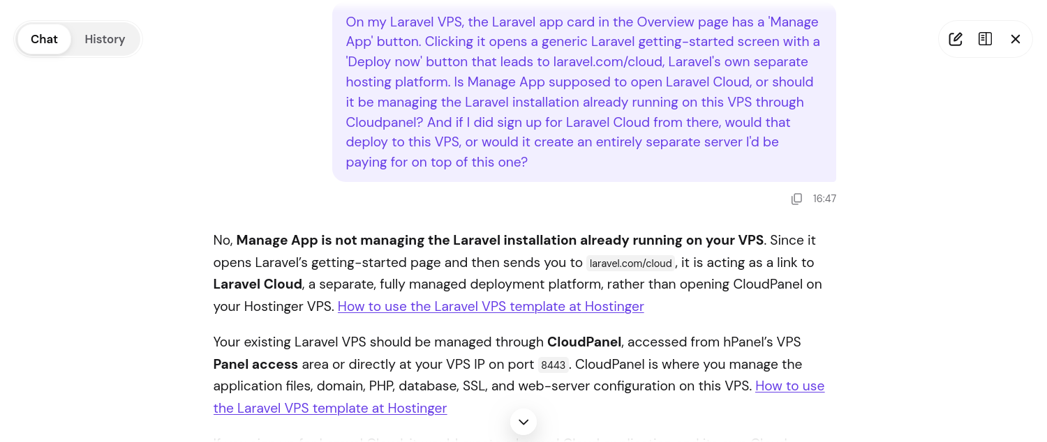 Hostinger Kodee response explaining Manage App and Laravel Cloud