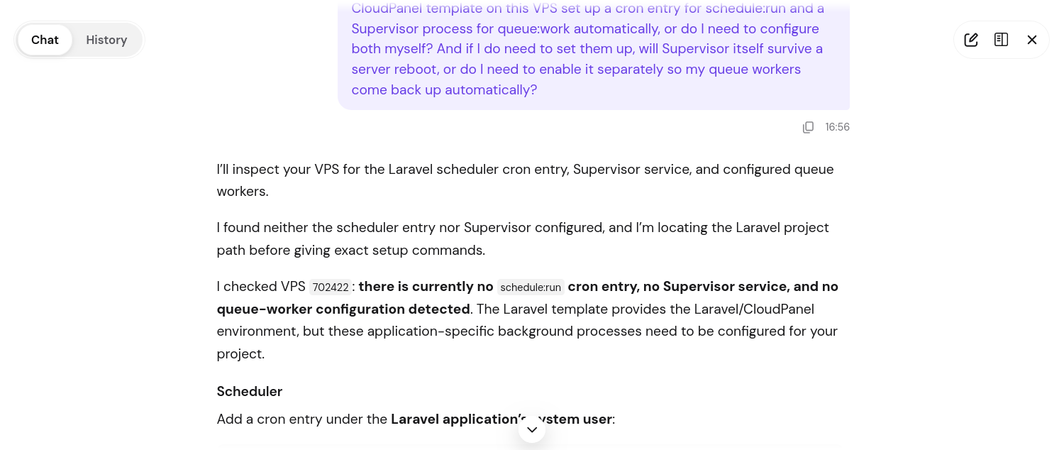 Hostinger Kodee Laravel scheduler and Supervisor configuration response