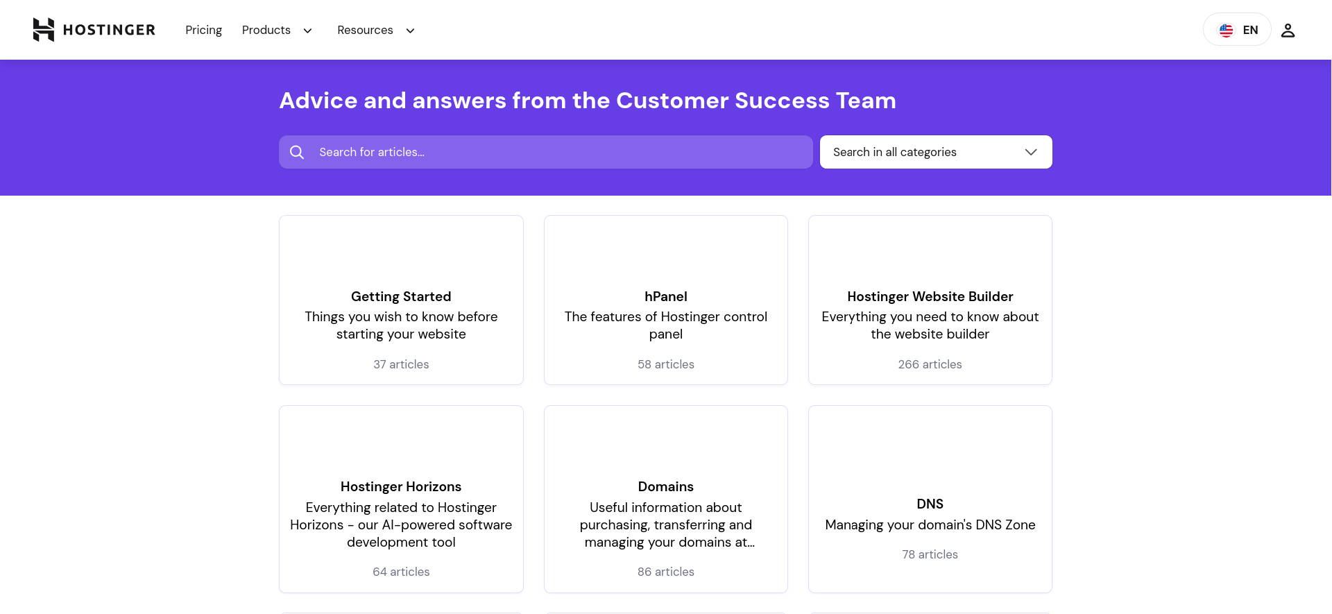 Hostinger knowledge base categories and search interface