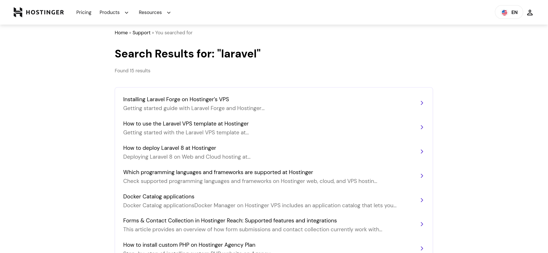 Hostinger knowledge base search results for Laravel