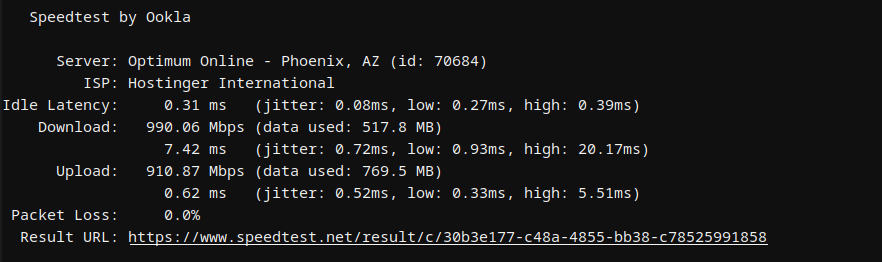 Hostinger Laravel VPS first network speed test results