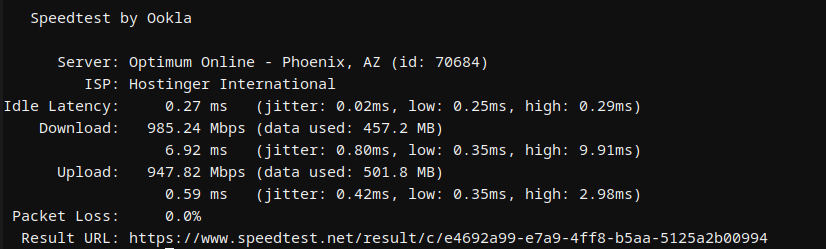 Hostinger Laravel VPS second network speed test results
