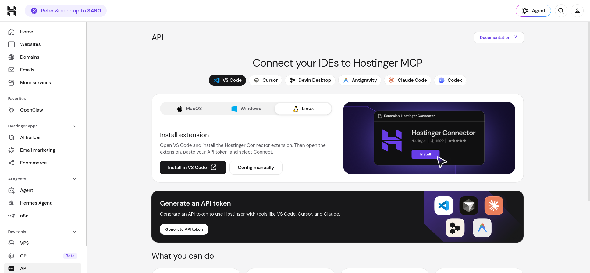 Hostinger hPanel API page showing MCP client setup options