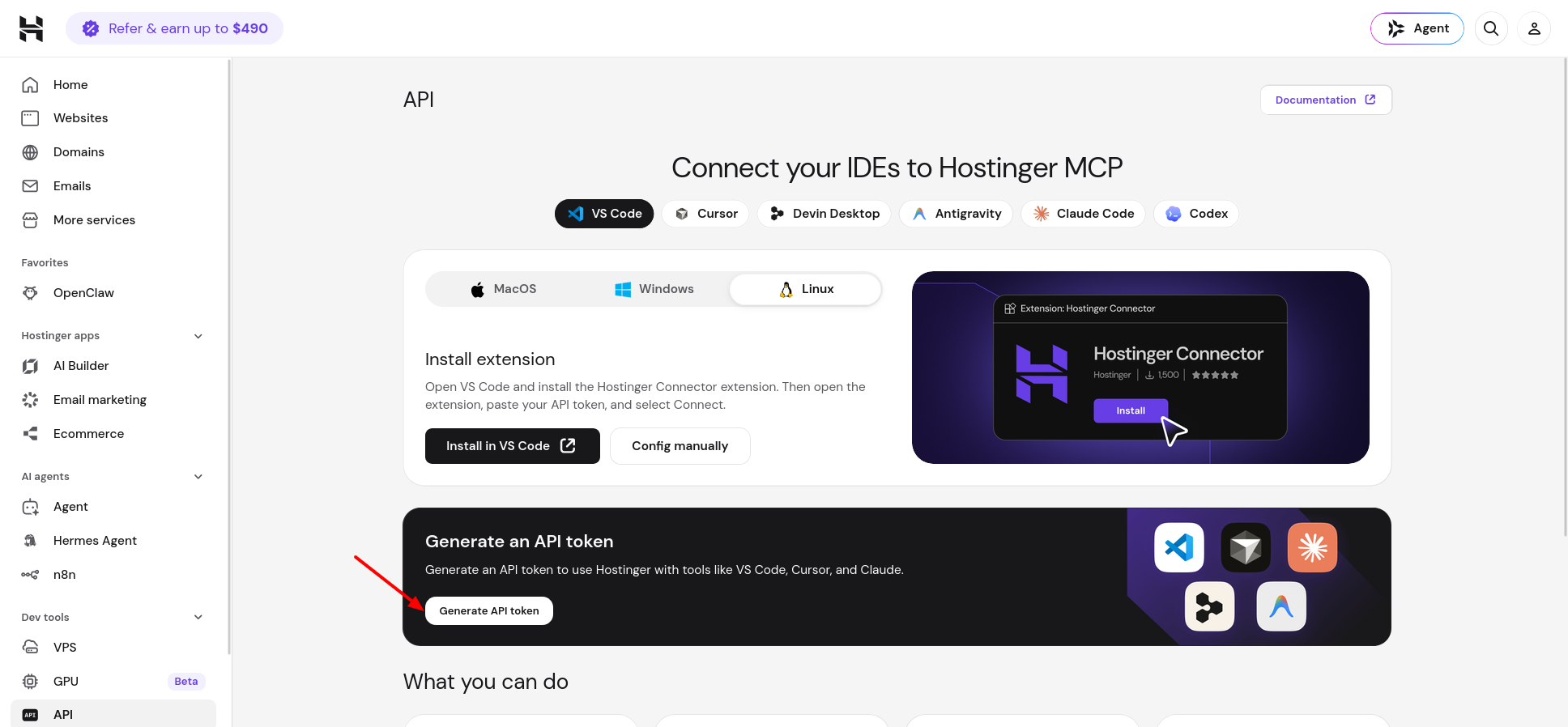 Hostinger API token generation form with name and expiration fields