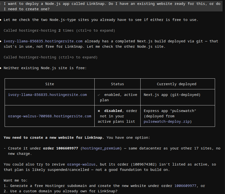 Claude Code evaluating existing Node.js sites for LinkSnap deployment