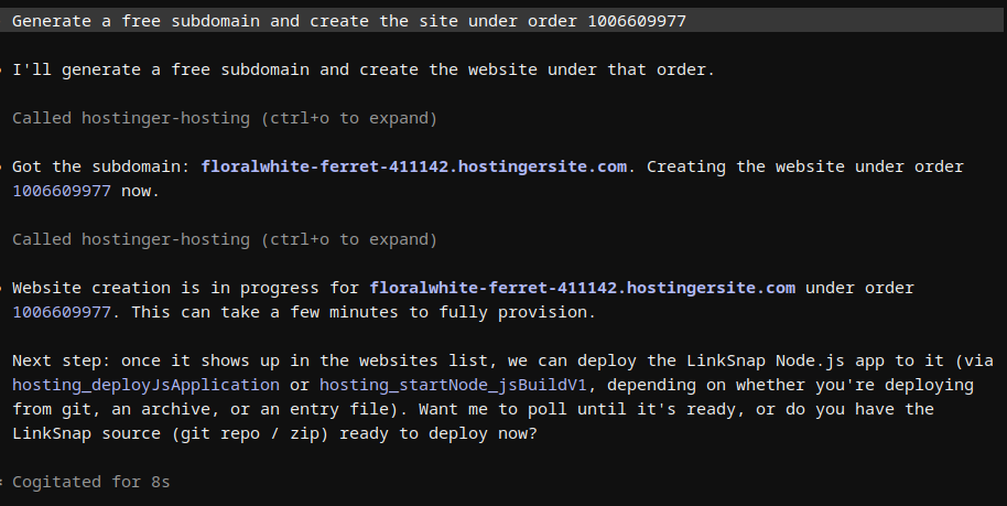 Hostinger hPanel showing the newly created temporary Node.js site