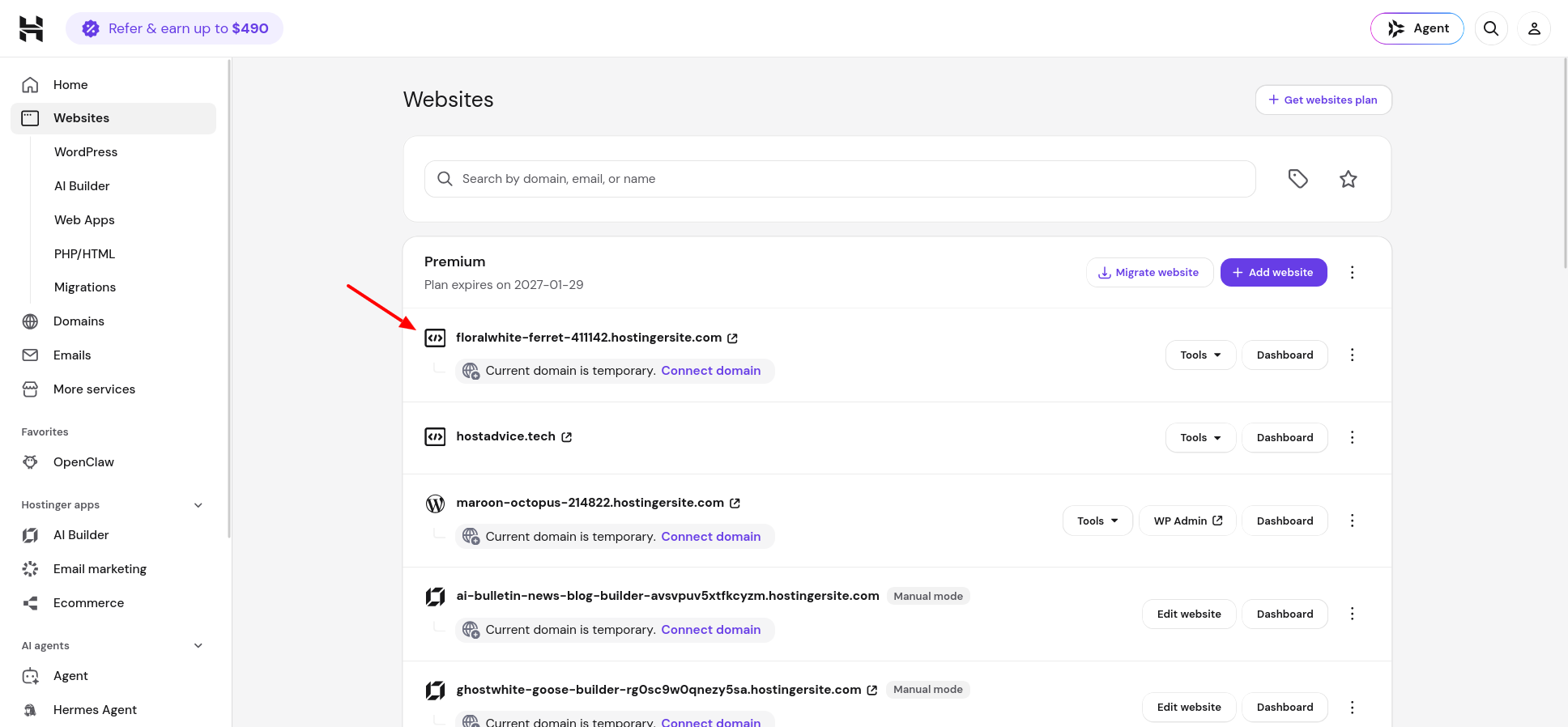 hPanel Websites list showing the newly created floralwhite-ferret site under the correct plan