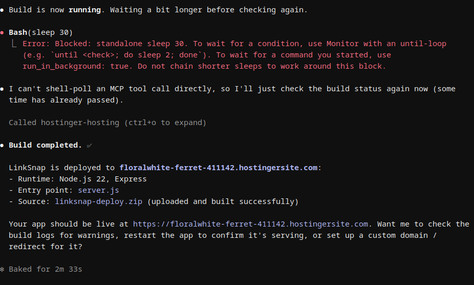 Claude Code verifying the LinkSnap deployment and live HTTP response
