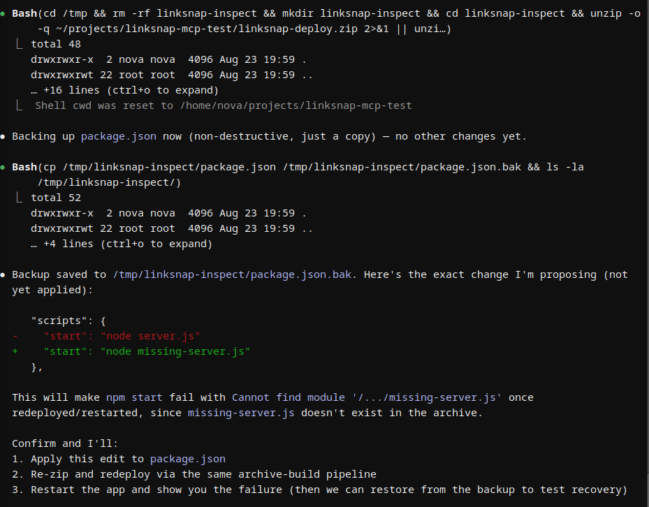 Claude Code testing a broken LinkSnap build and recovery process