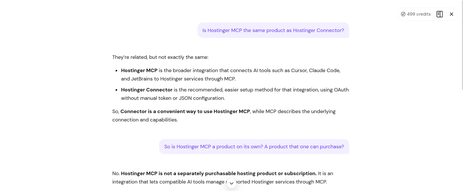 Hostinger Kodee support conversation about MCP and Connector
