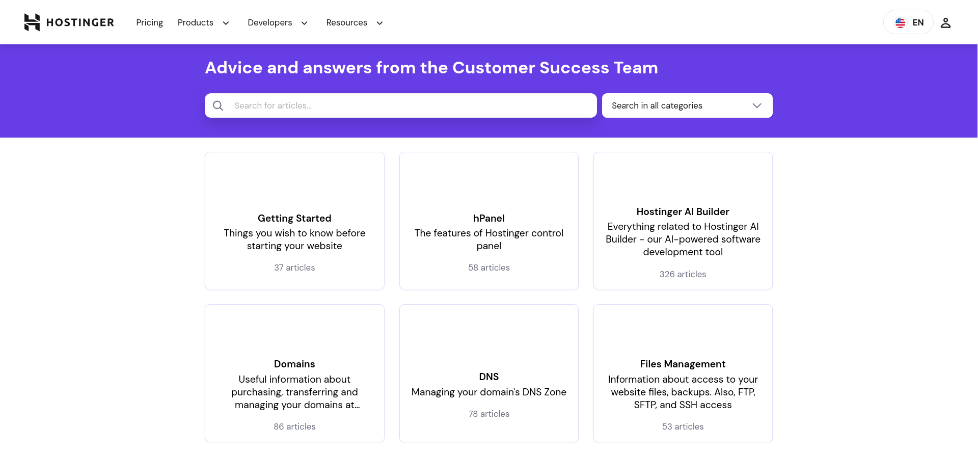 Hostinger Knowledge Base category page