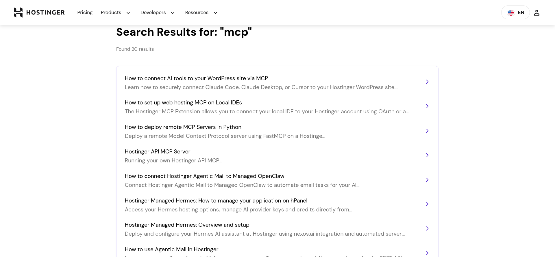 Hostinger Knowledge Base search results for MCP