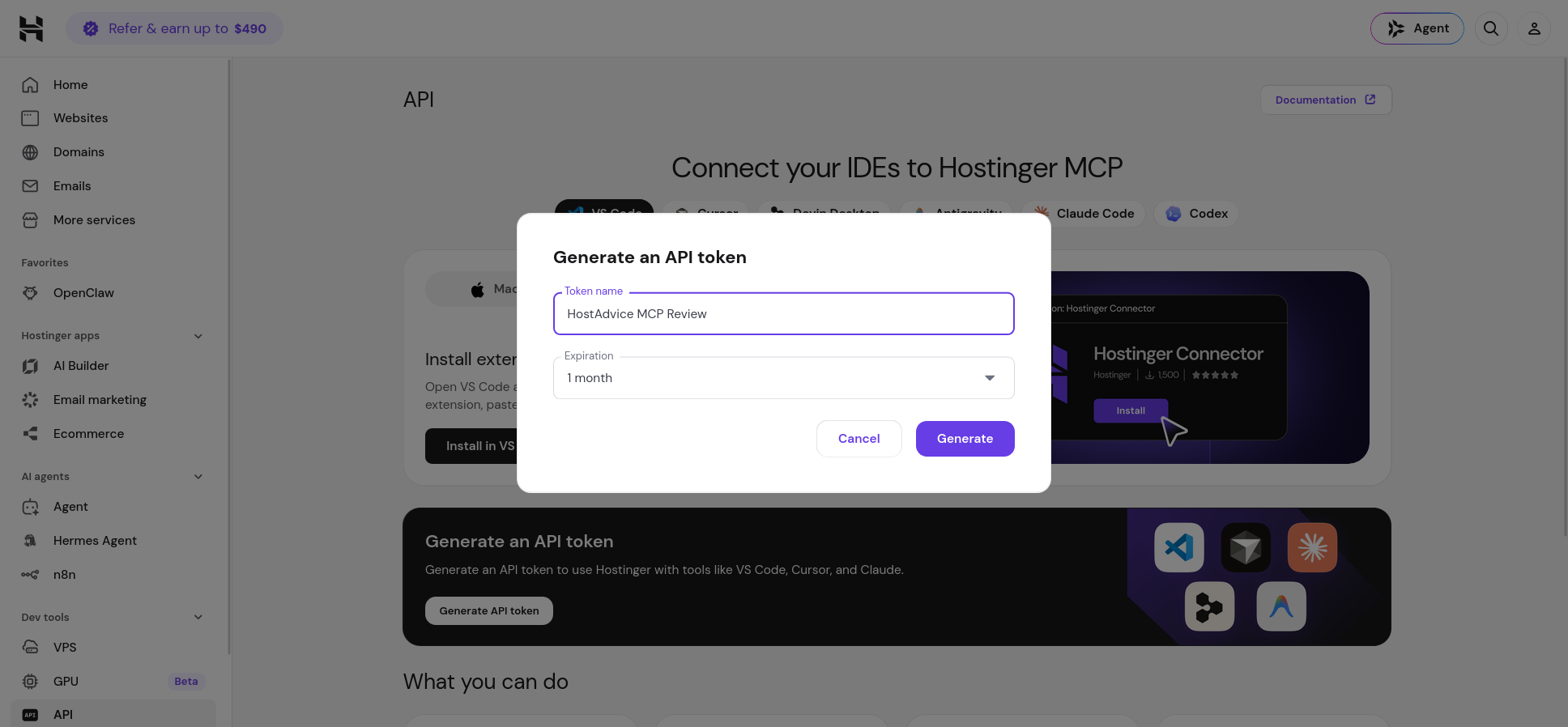 Hostinger MCP tool category selection interface in hPanel