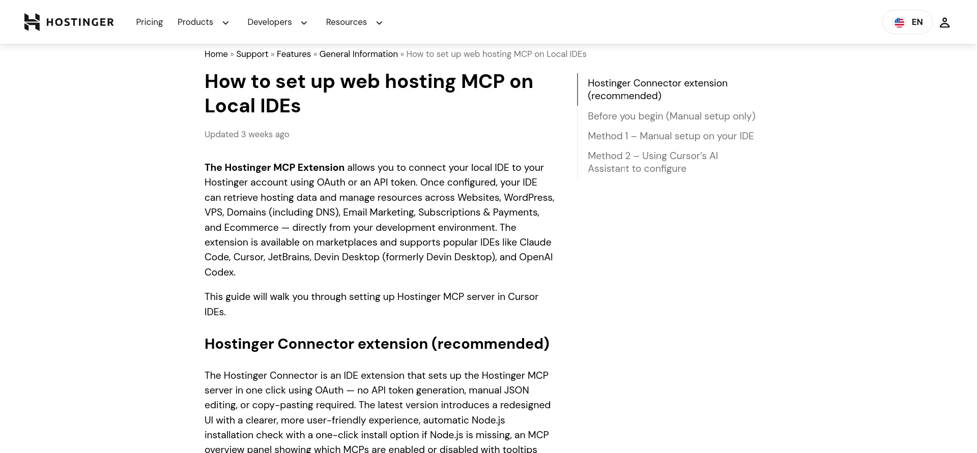Hostinger Knowledge Base article for setting up web hosting MCP on local IDEs