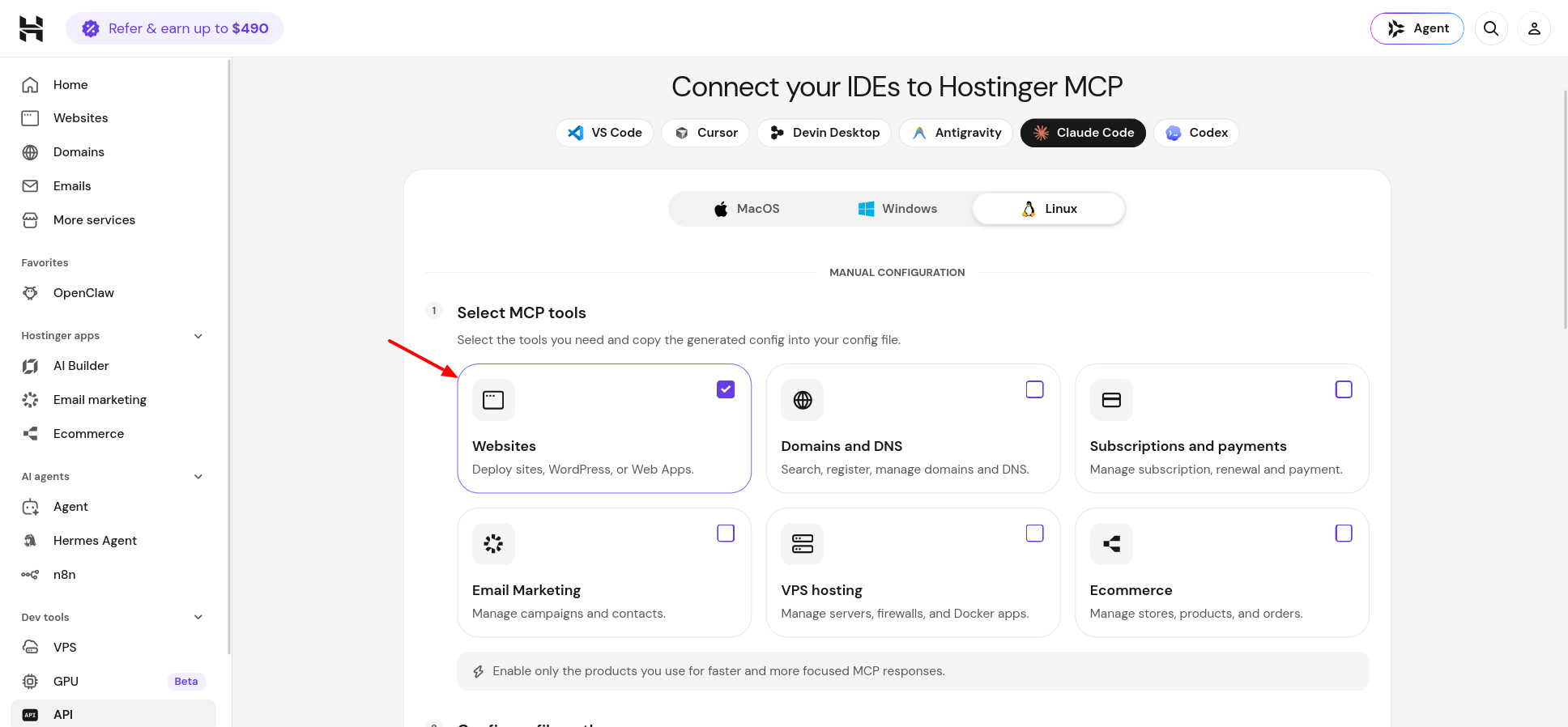Hostinger MCP Websites tool category enabled for Claude Code configuration