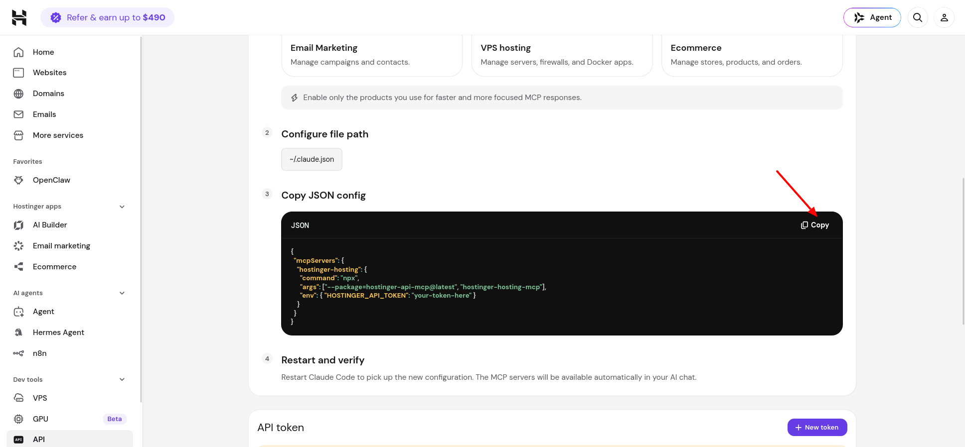 Hostinger hPanel generated Claude Code MCP JSON configuration and file path