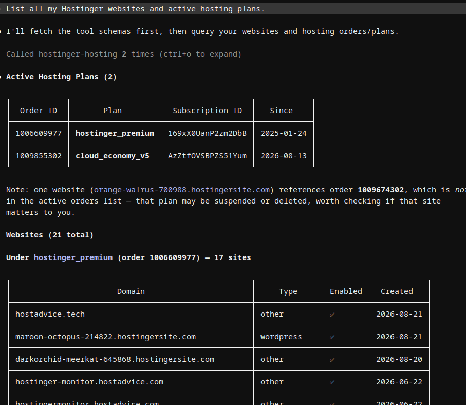 Claude Code showing connected Hostinger MCP tools