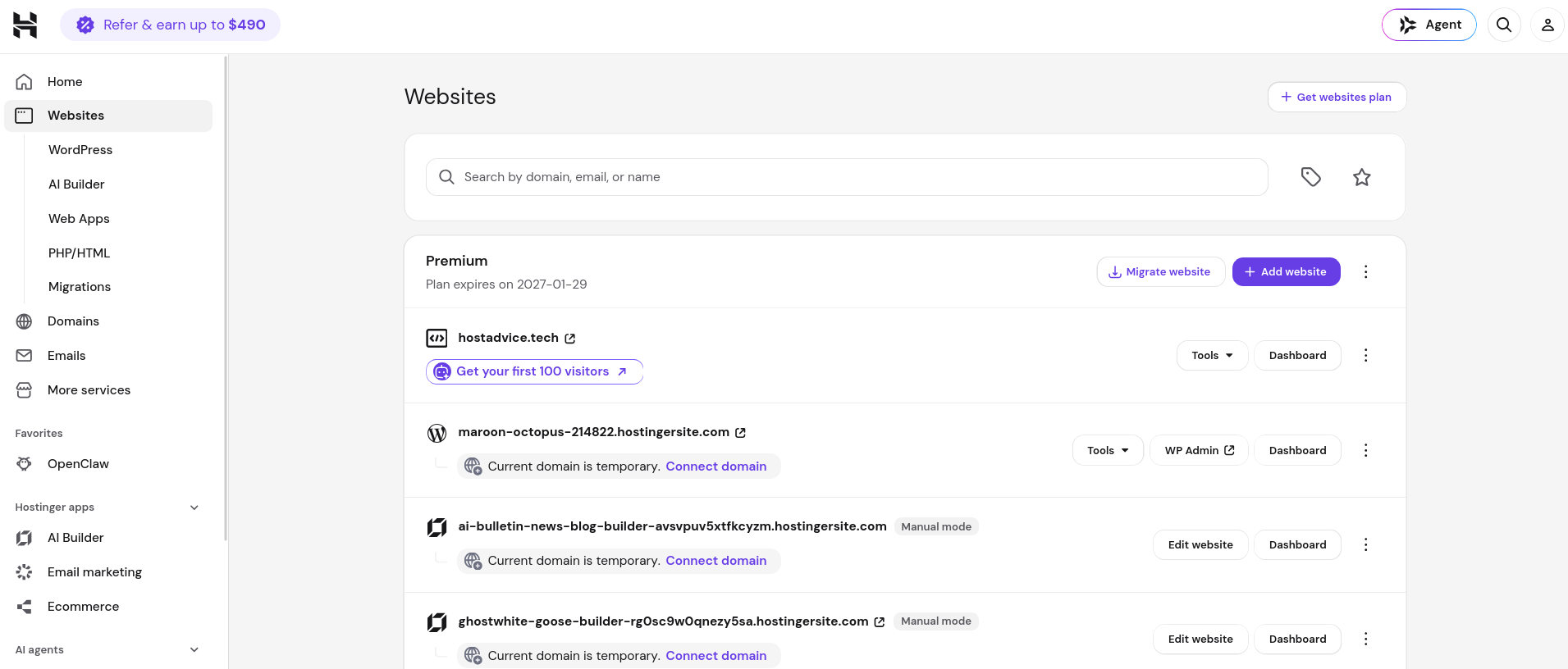 Hostinger hPanel showing expired hosting orders identified by MCP