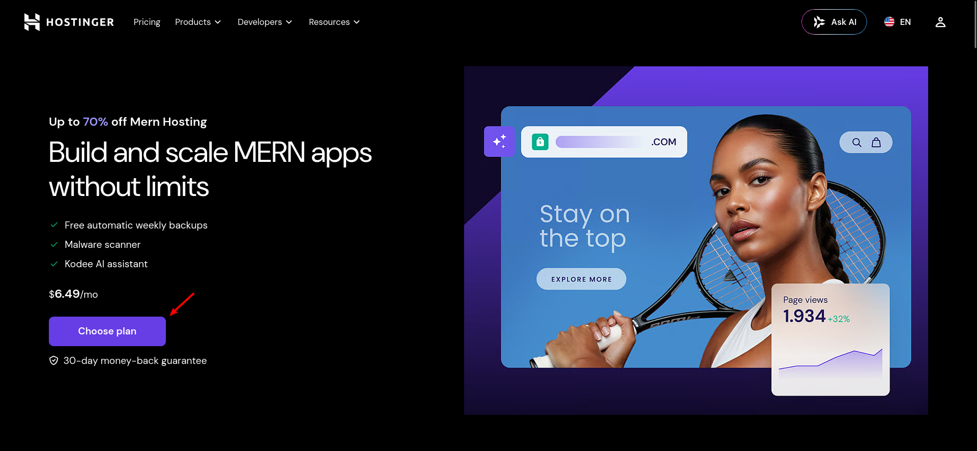 Hostinger MERN VPS hosting features shown on the landing page