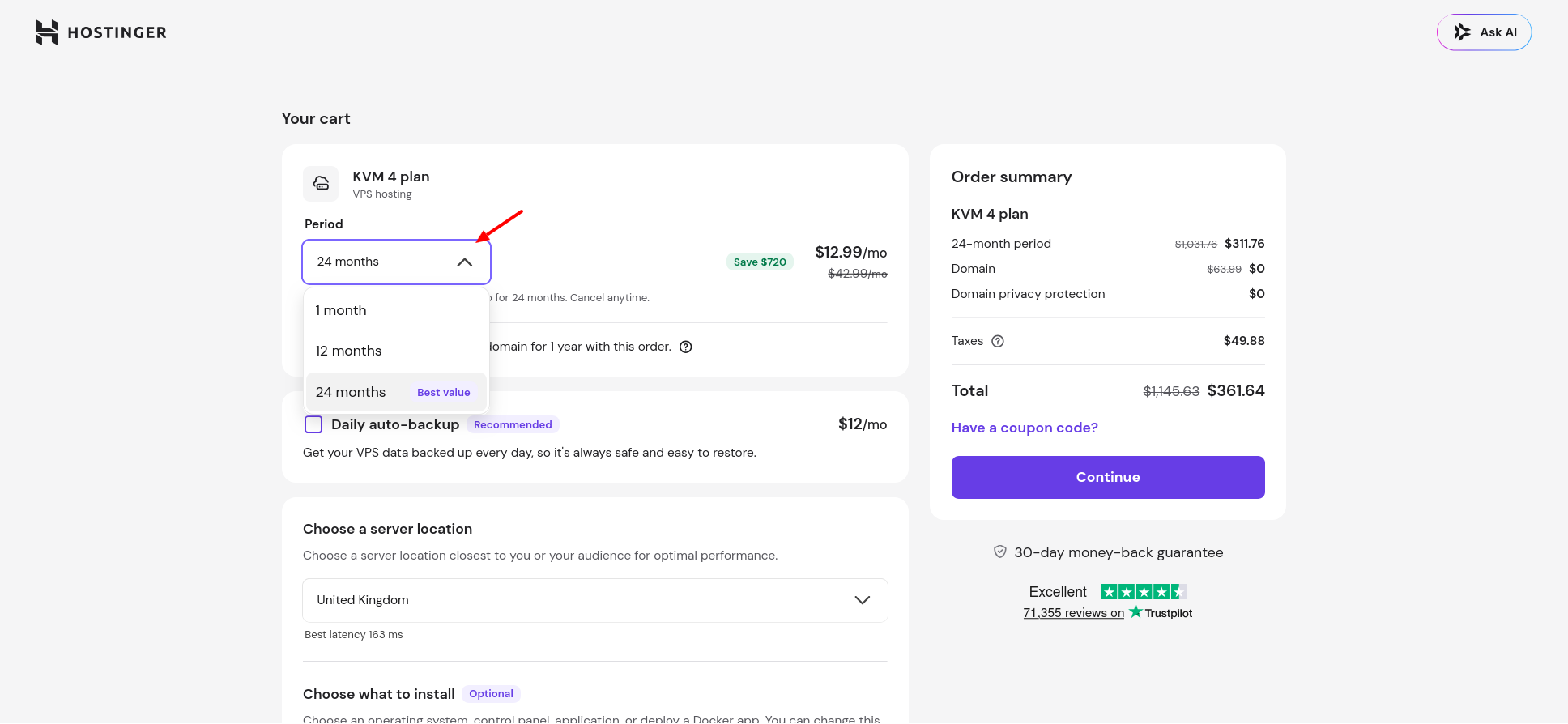 Hostinger MERN VPS billing period options during checkout