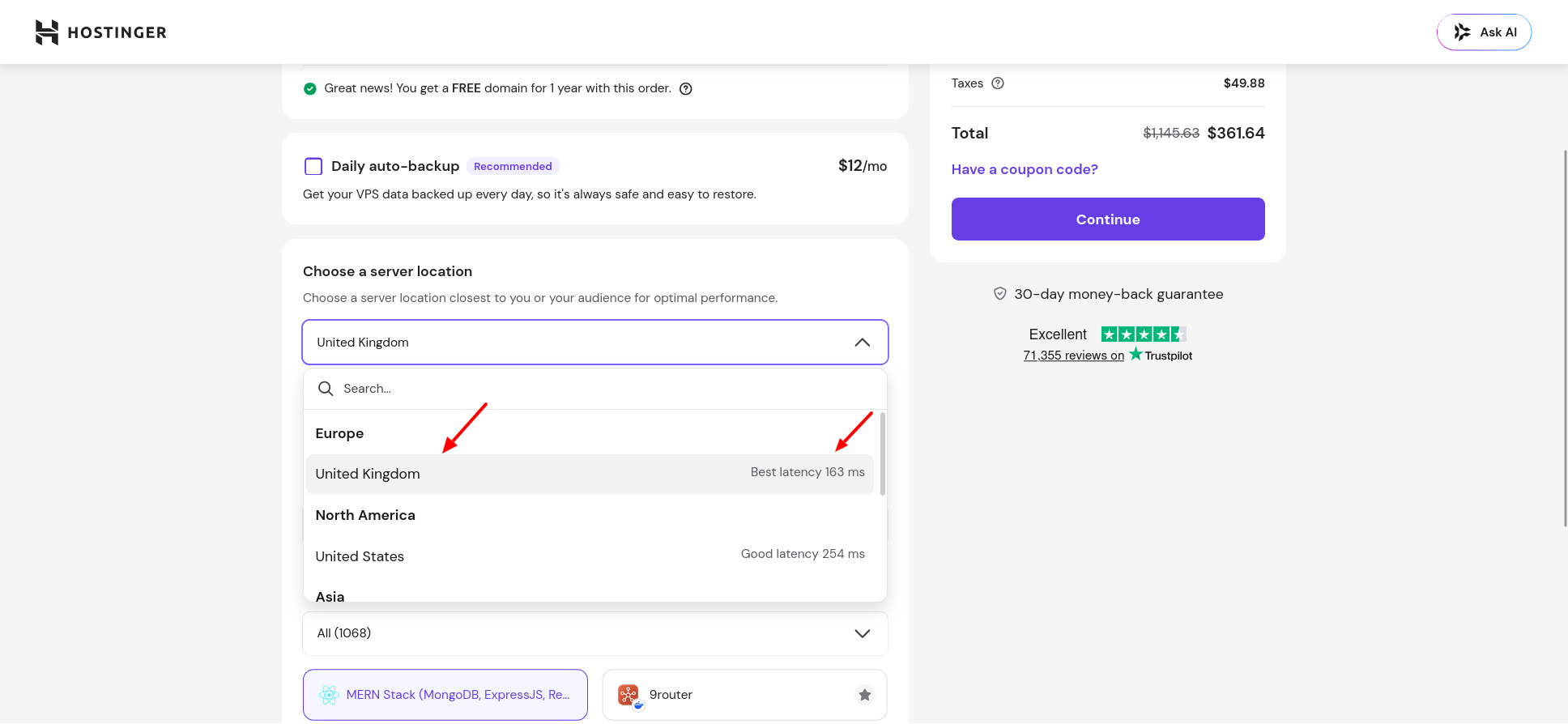 Hostinger MERN VPS server location selection during checkout