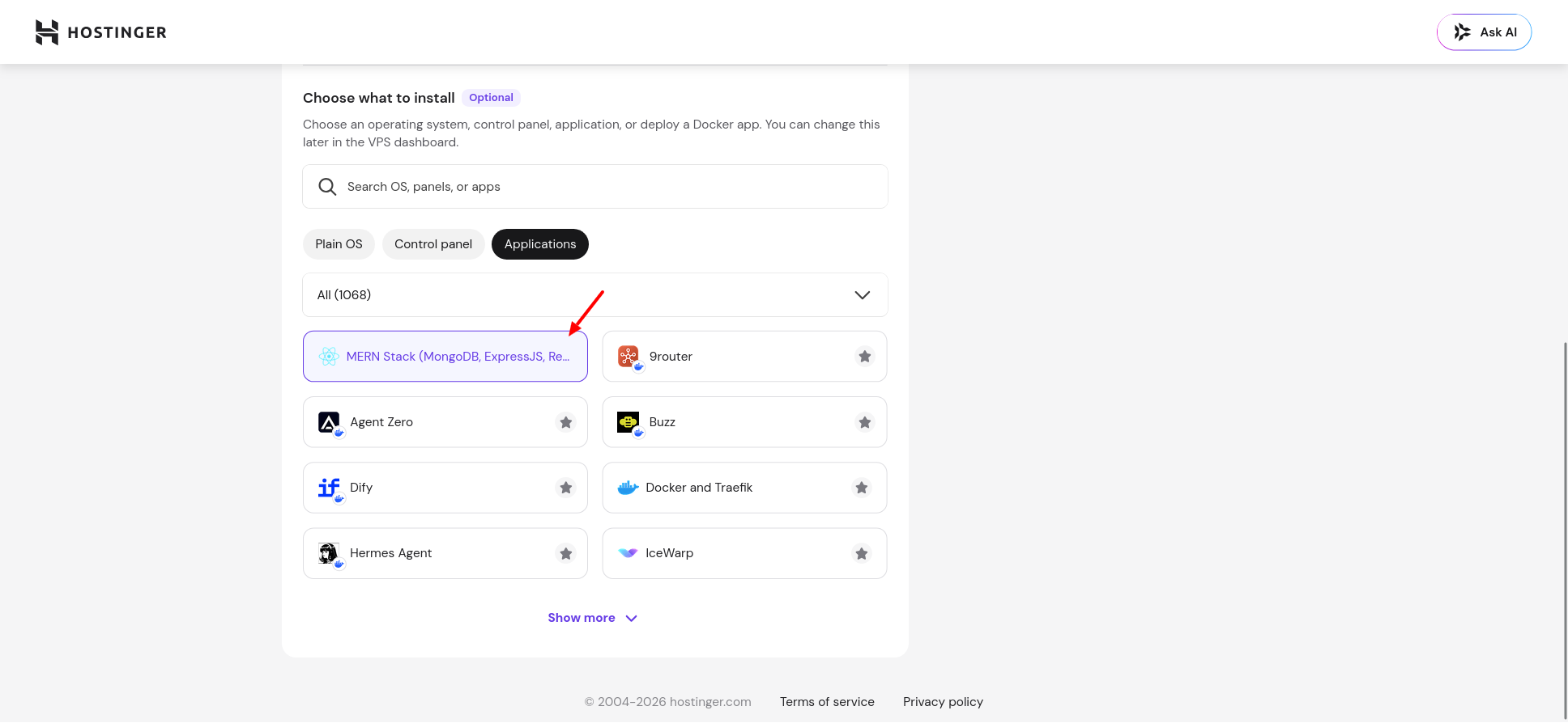 Hostinger VPS app marketplace with MERN Stack selected