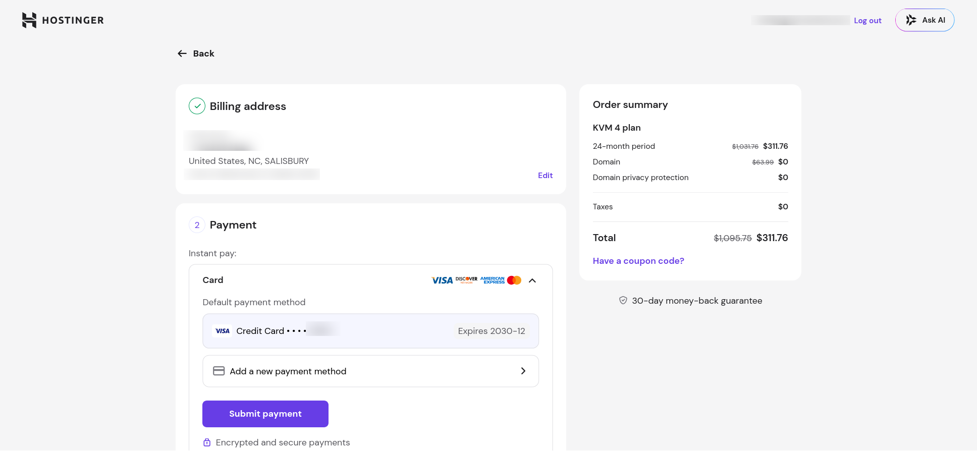 Hostinger MERN VPS payment methods during checkout