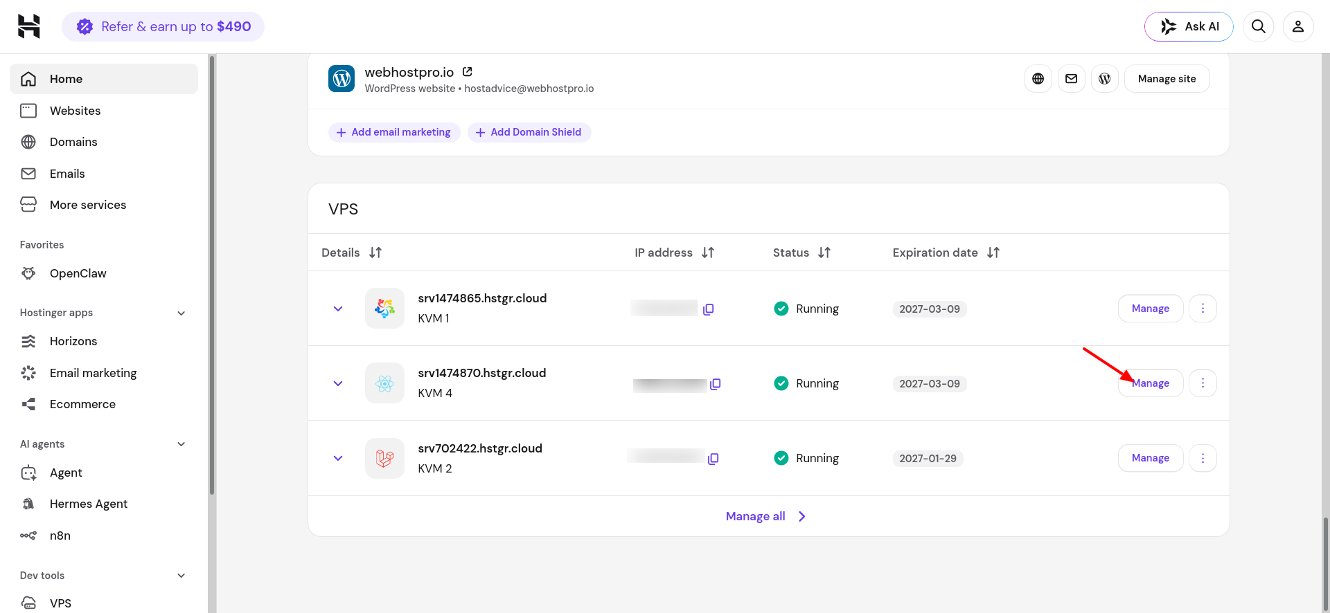 Hostinger MERN VPS Overview page in hPanel