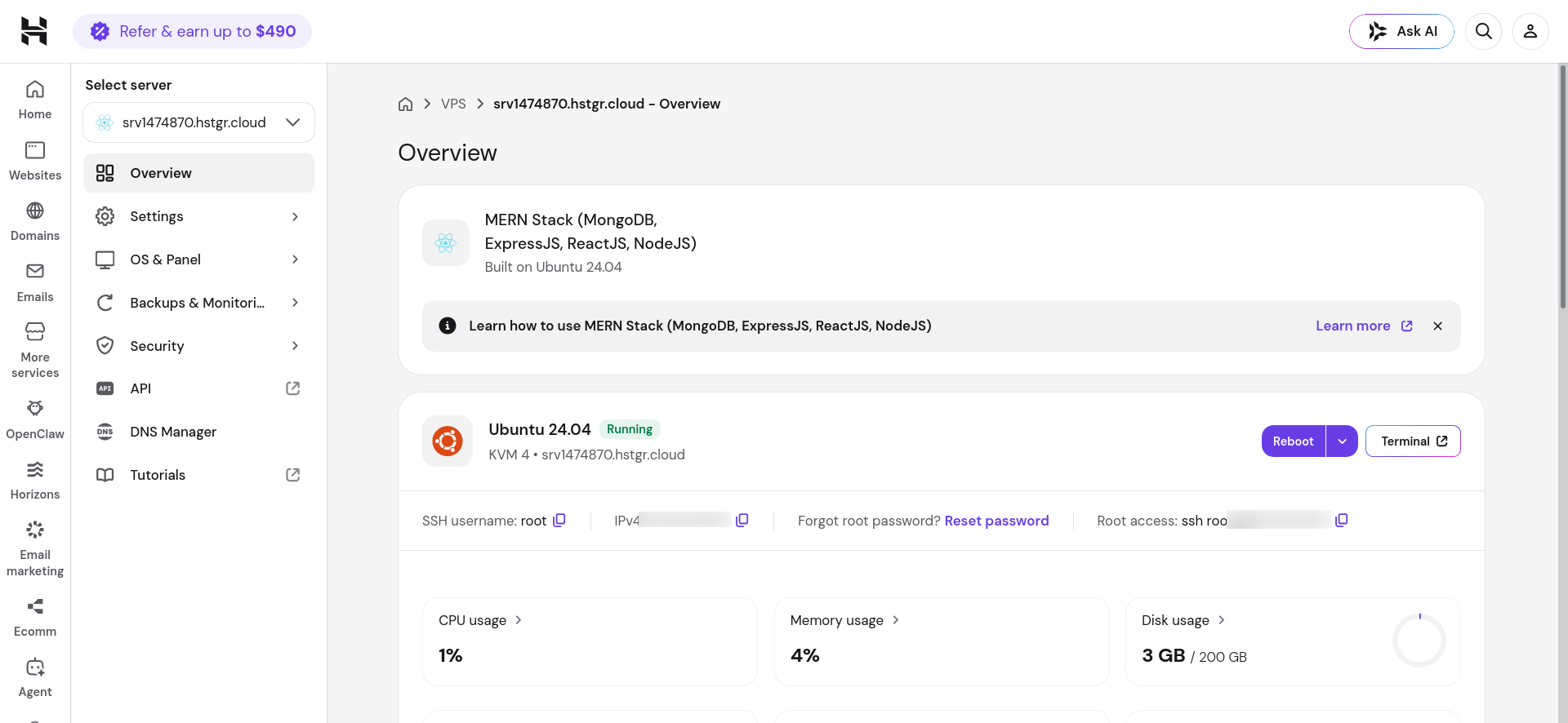 Hostinger MERN Stack application card in hPanel