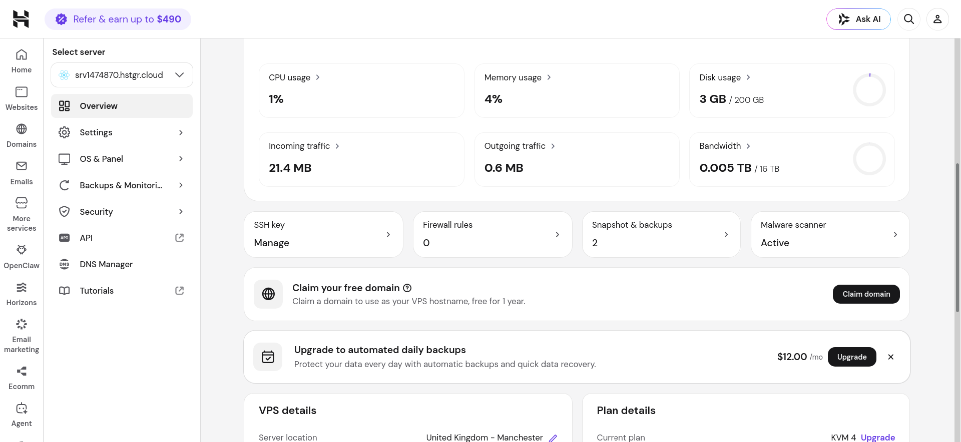 Hostinger MERN VPS malware scanner and server management tools