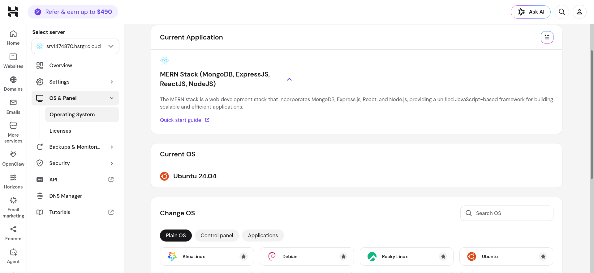 Hostinger MERN Stack current application details in OS and Panel