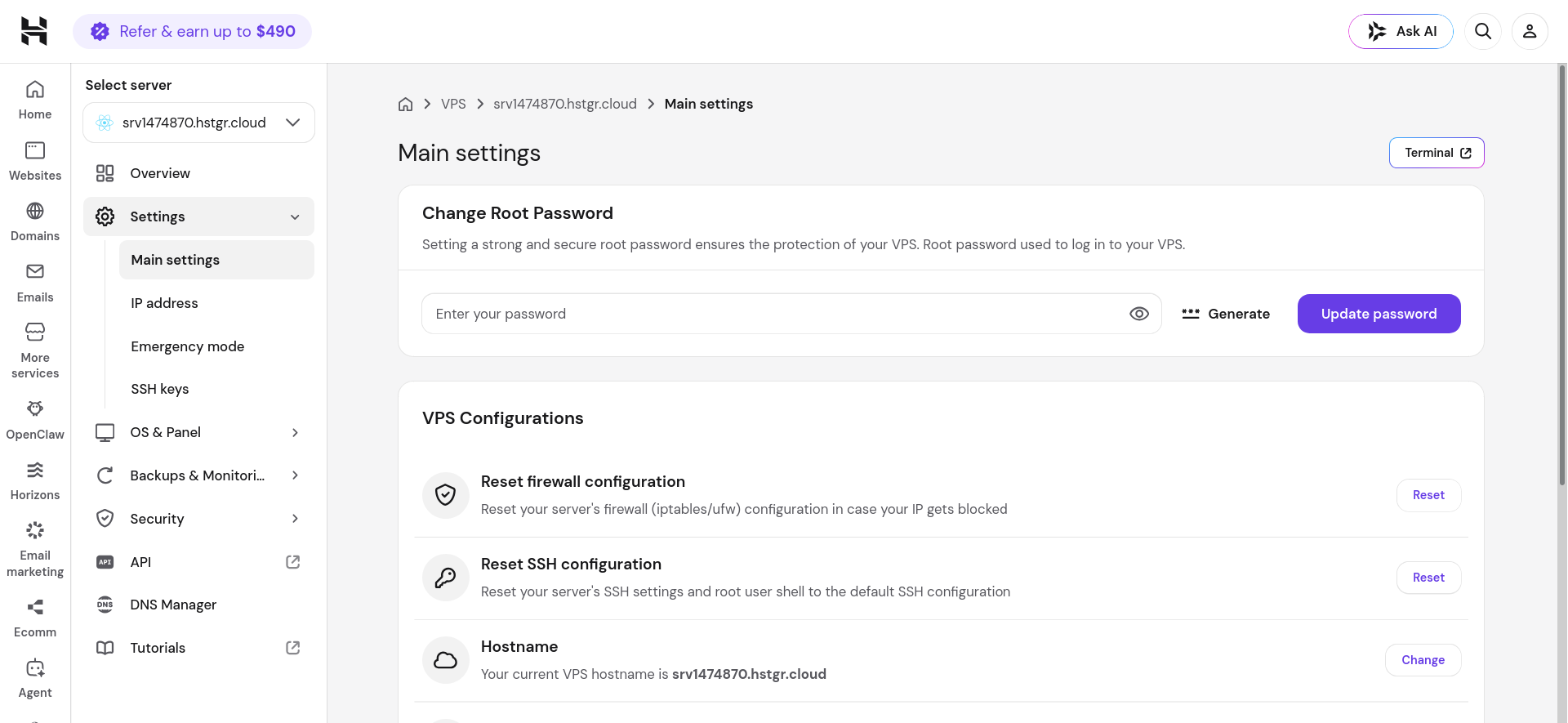 Hostinger MERN VPS server settings and management controls