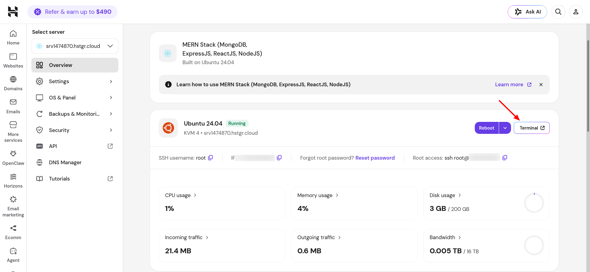 Hostinger MERN VPS browser terminal for server access