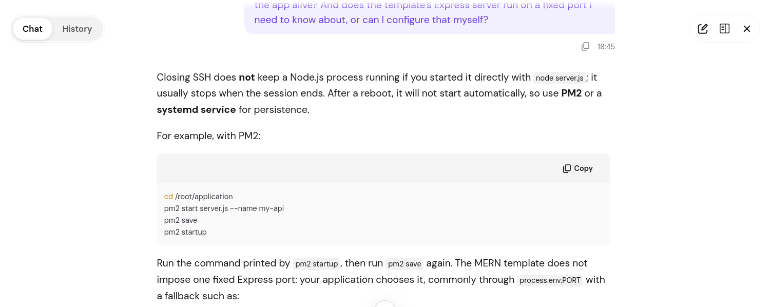 Hostinger Kodee AI response about Node process persistence and Express ports