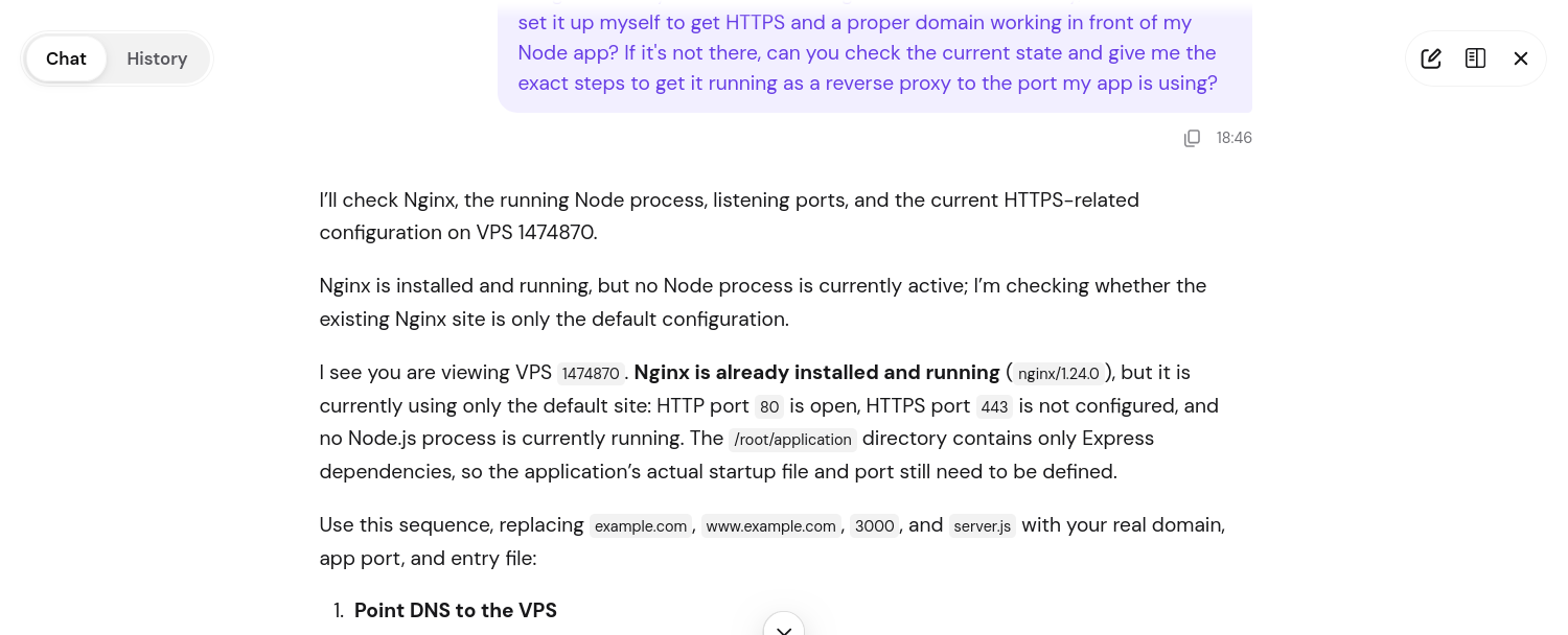 Hostinger Kodee AI live server inspection and HTTPS configuration guidance