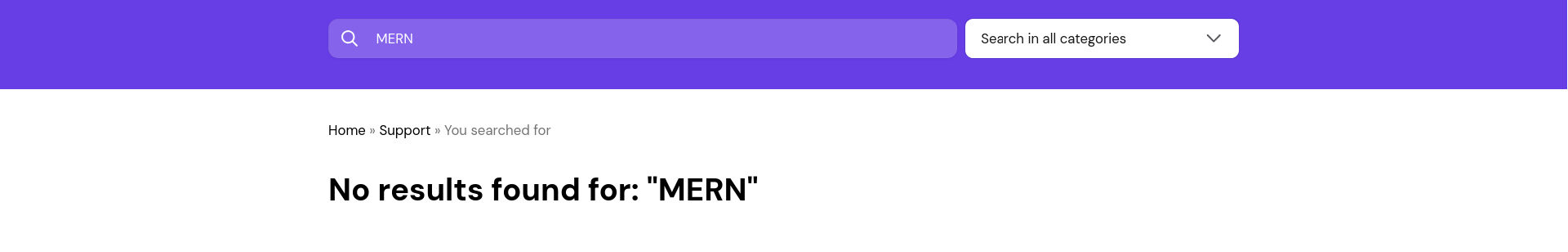 Hostinger knowledge base search showing no MERN results