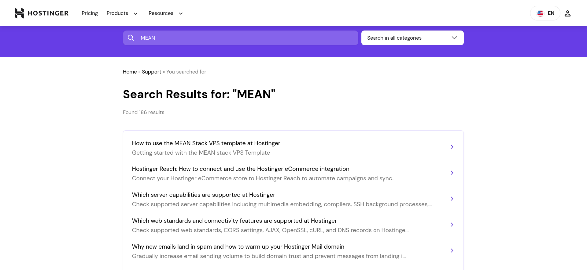 Hostinger knowledge base search results for MEAN stack
