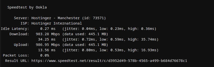 Hostinger MERN VPS first network speed test results