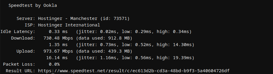 Hostinger MERN VPS second network speed test results