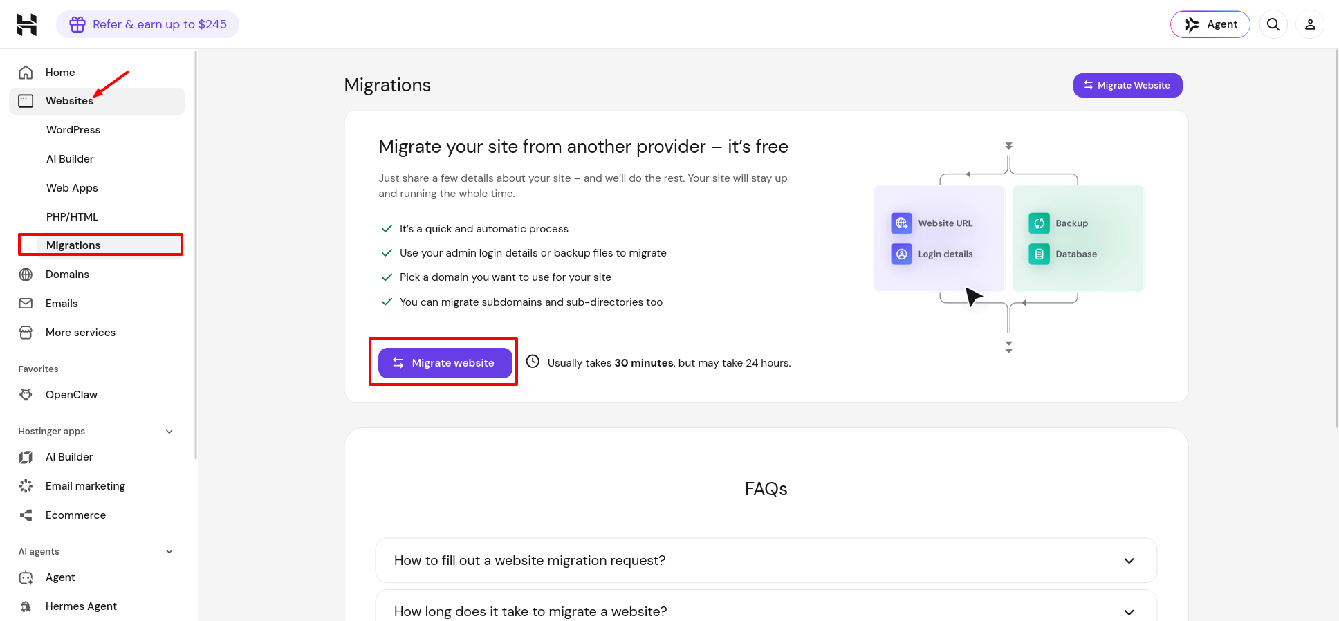Hostinger hPanel Websites menu showing the Migrations option