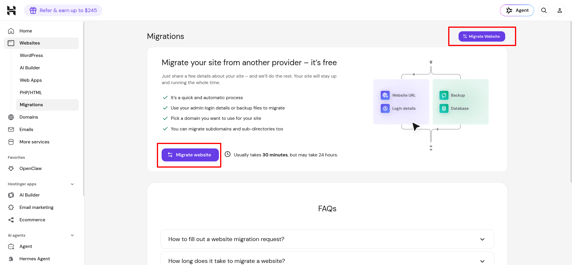 Hostinger Migrations page showing the Migrate Website button