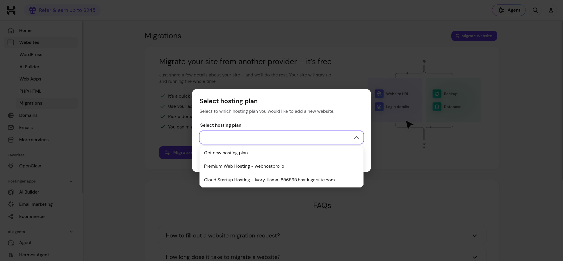 Hostinger migration destination screen showing existing hosting plans and an option to get a new plan