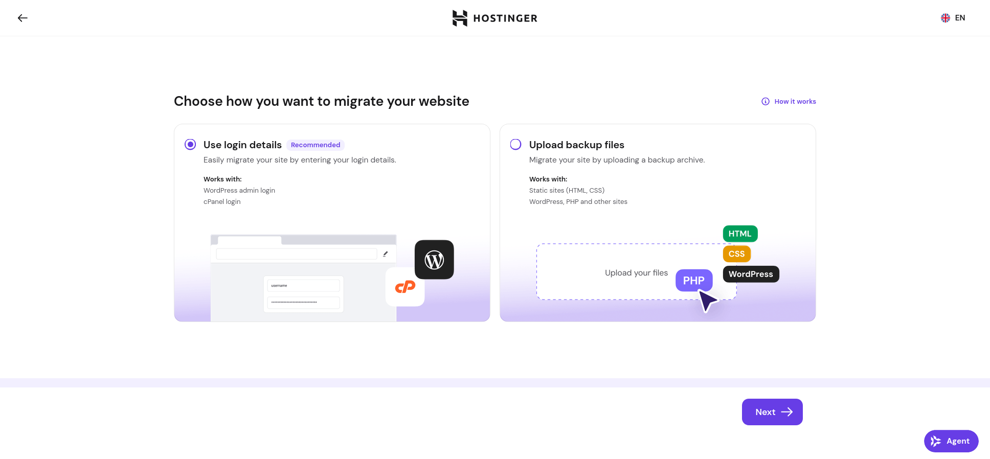 Hostinger migration wizard showing Use Login Details and Upload Backup Files migration methods