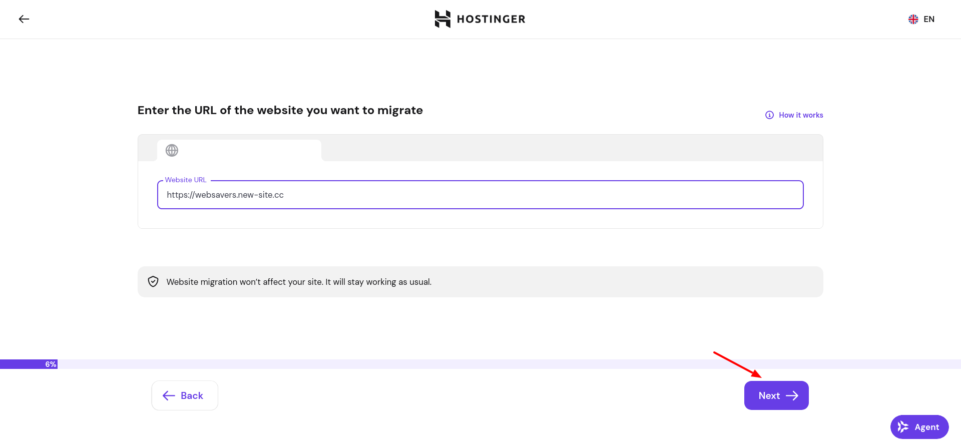 Hostinger migration wizard asking for the website URL