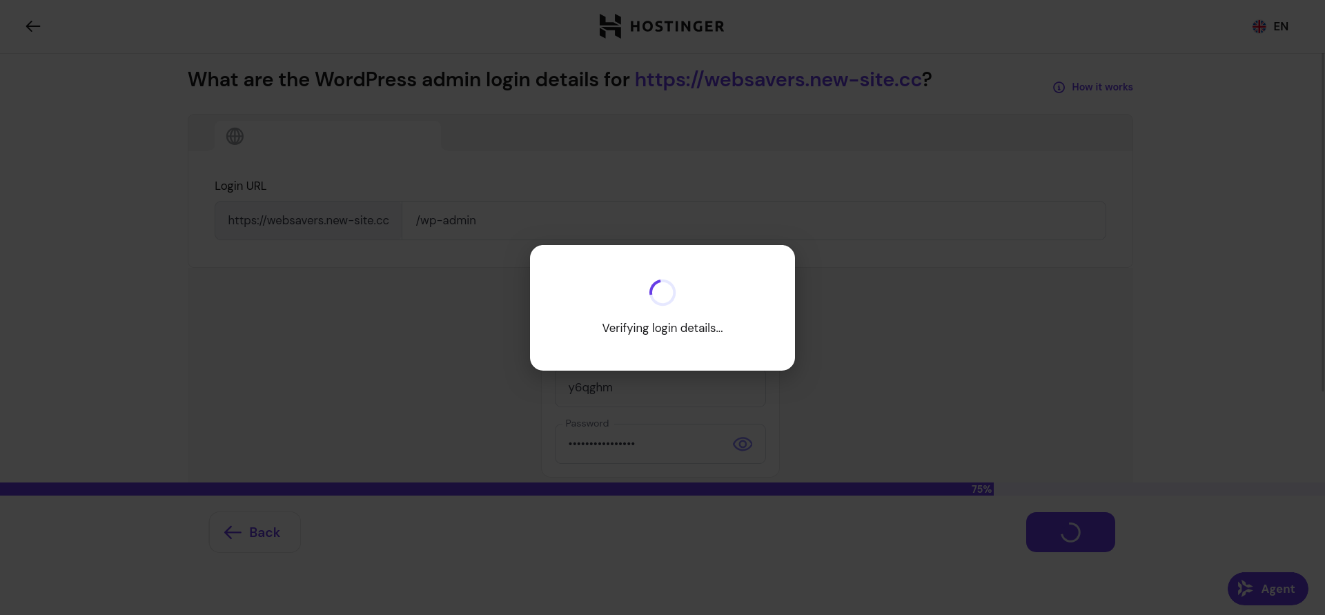 Hostinger migration wizard checking that the WordPress login credentials are valid