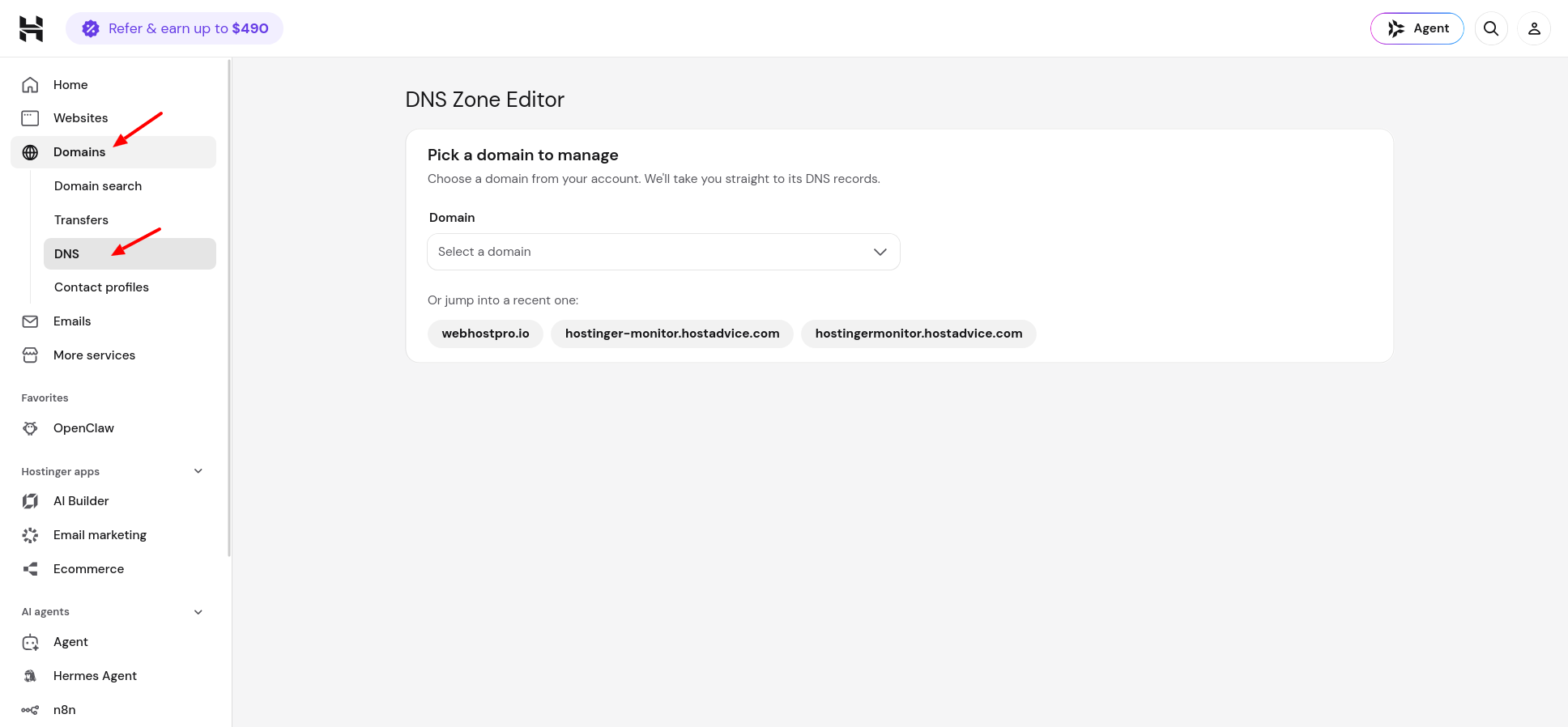 Hostinger hPanel Domains menu showing the DNS option in the left sidebar