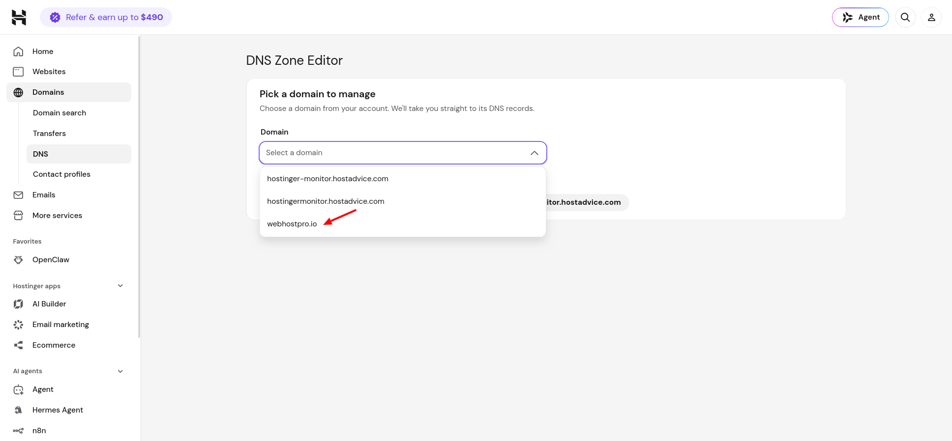 Hostinger DNS Zone Editor showing the domain selection dropdown and recent domains