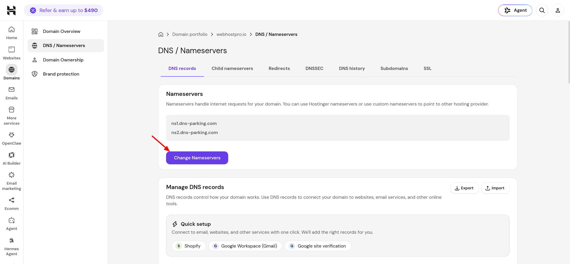 Hostinger DNS and Nameservers page showing the Change Nameservers button